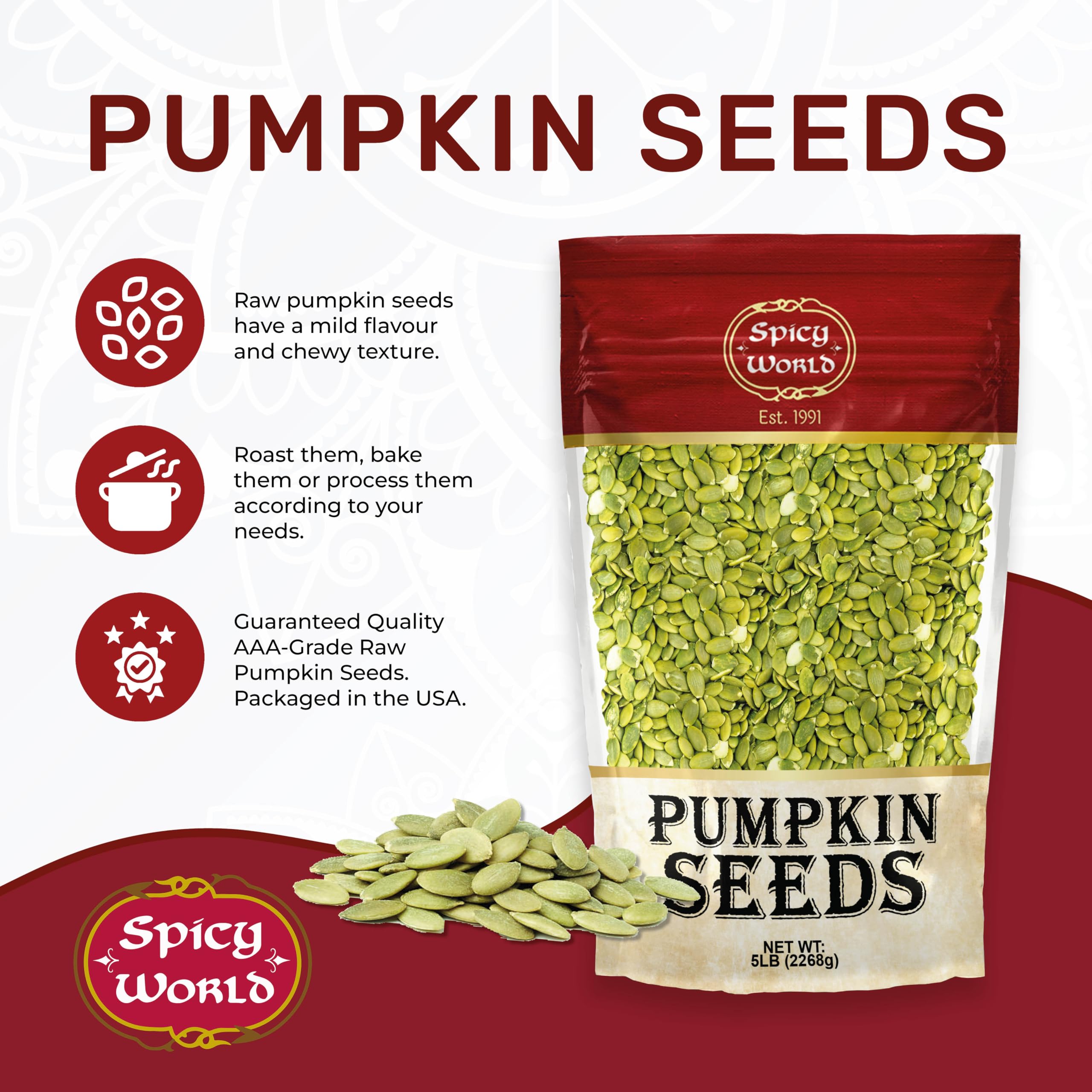 Spicy World close-up of raw pumpkin seeds texture and uniform AAA-grade quality