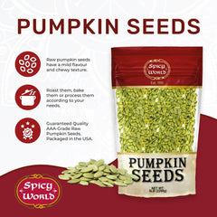 Spicy World close-up of raw pumpkin seeds texture and uniform AAA-grade quality