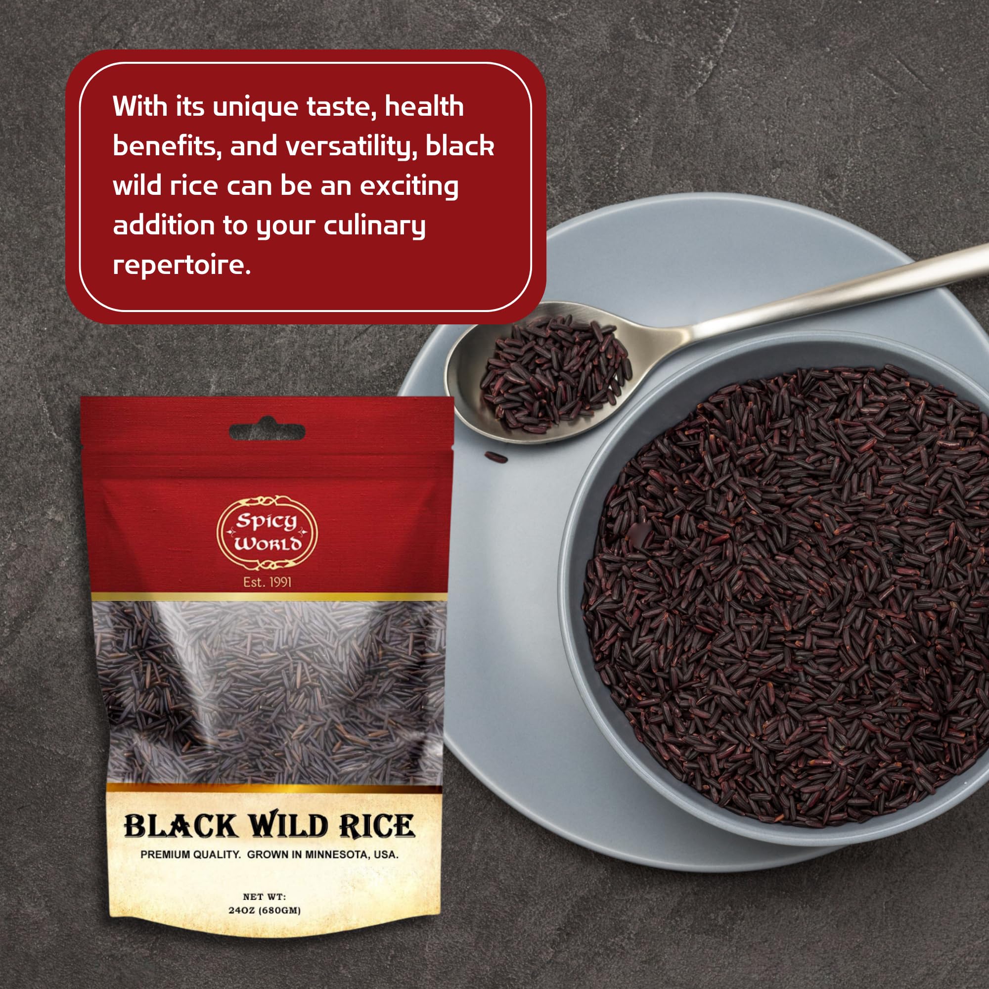 Spicy World plated black wild rice presenting elegant meal appeal