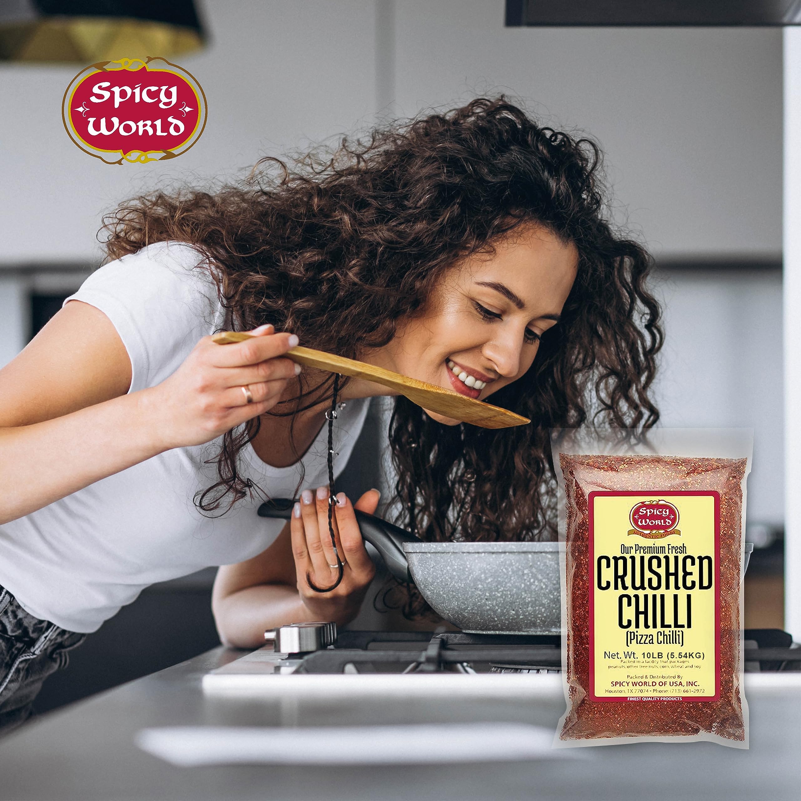 Spicy World spoon sprinkling flakes on pizza to add visual appeal and heat