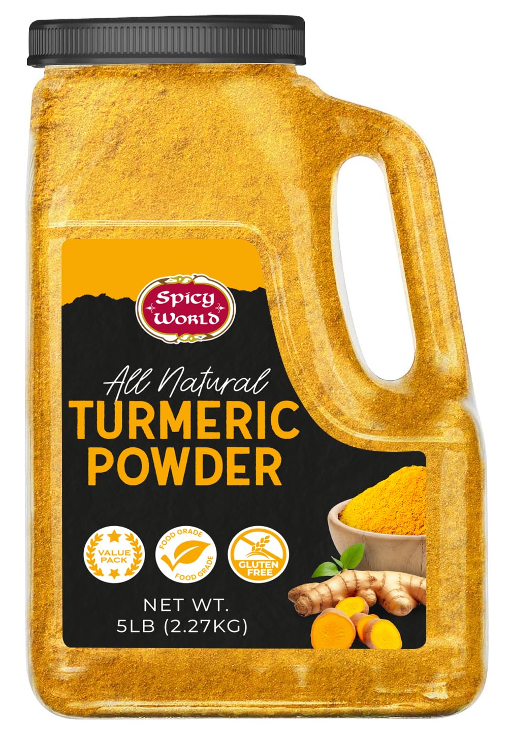 Spicy World jar front view showing 5 lb turmeric and clear labeling for pantry use