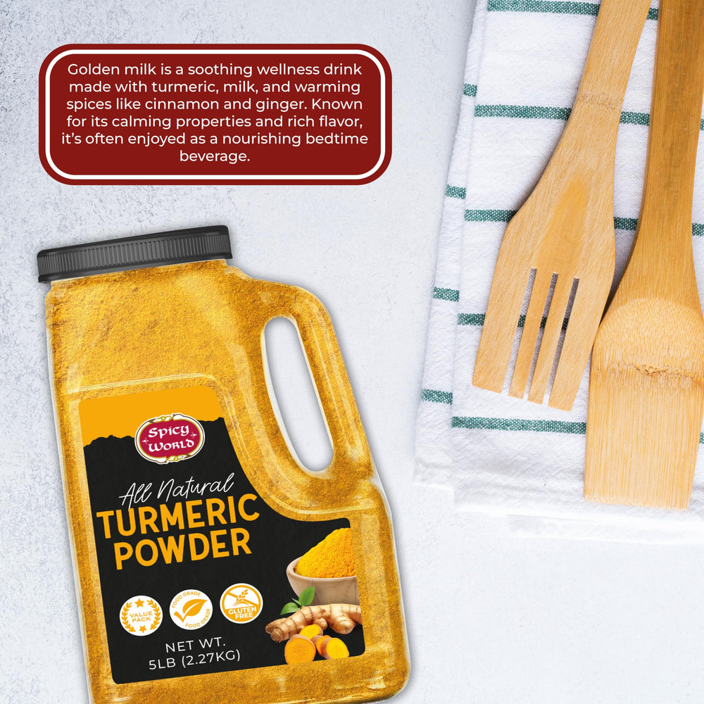 Spicy World turmeric on kitchen scale illustrating bulk quantity portion control
