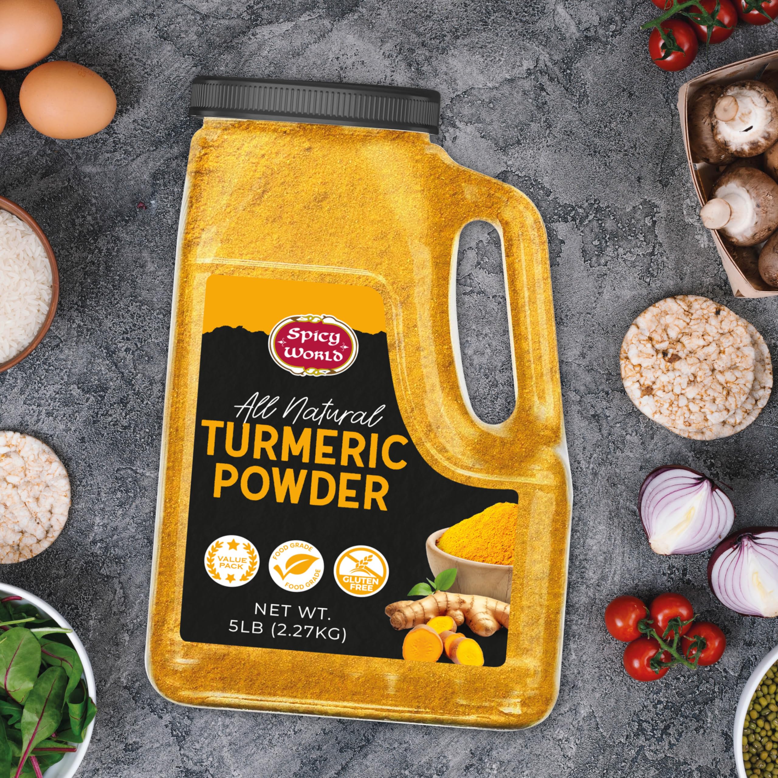 Spicy World label detail showing non-GMO, pure turmeric information for trust