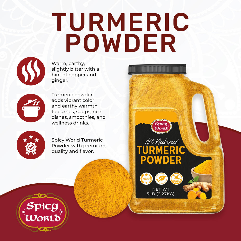 Spicy World spoon with turmeric portion demonstrating quick measuring convenience