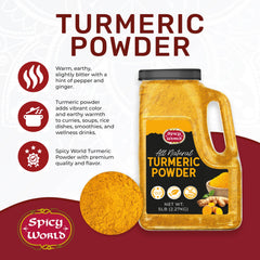 Spicy World spoon with turmeric portion demonstrating quick measuring convenience