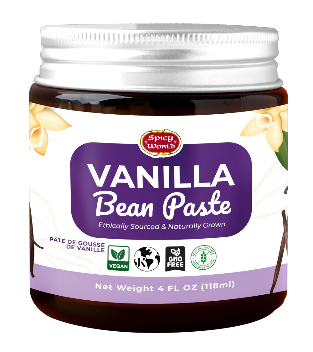 Spicy World jar front view showing brand and pure vanilla paste