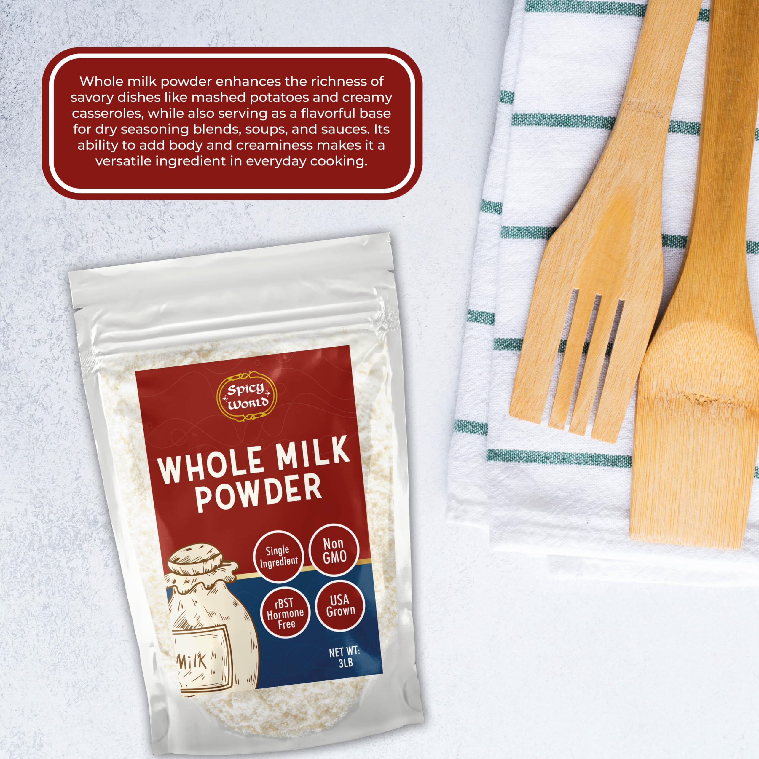 Spicy World powder being used in a kitchen to simplify cooking