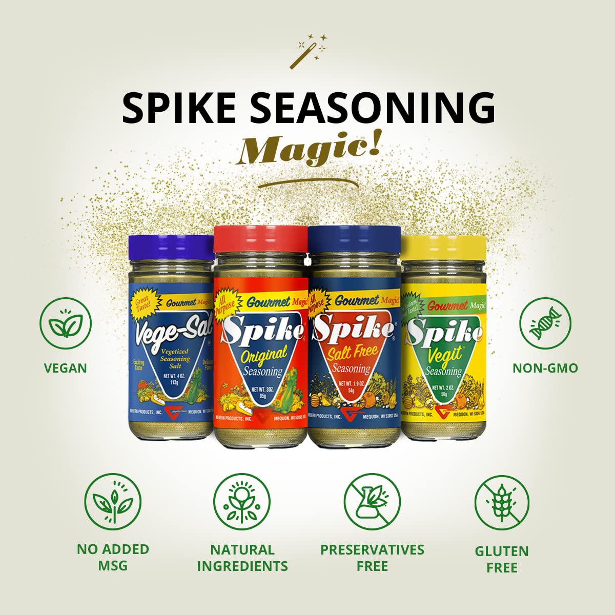 Spike original six pack arrangement showing all jars for value and pantry-ready convenience