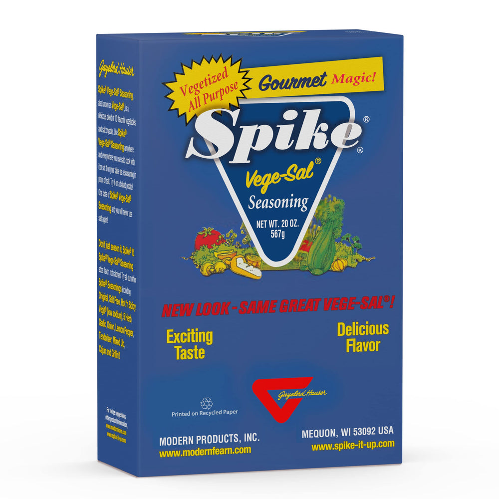 Spike Vege-Sal front packaging showing label and 20 oz box for clear identification and benefit