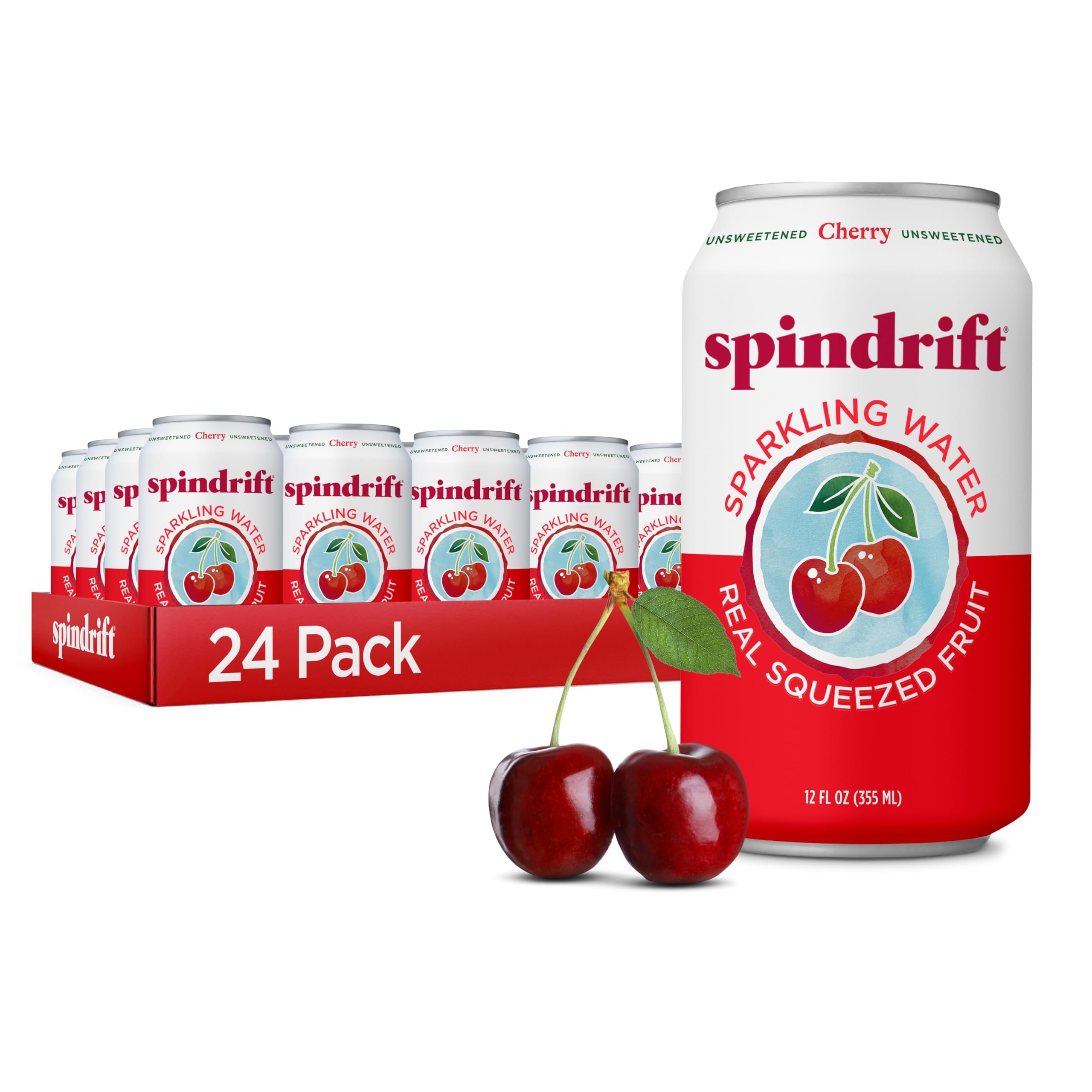 Spindrift cherry front packaging showing cans and brand for refreshing real-fruit flavor