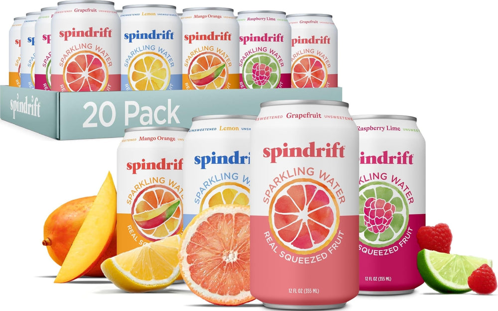 Spindrift front pack showing four-flavor assortment and benefits