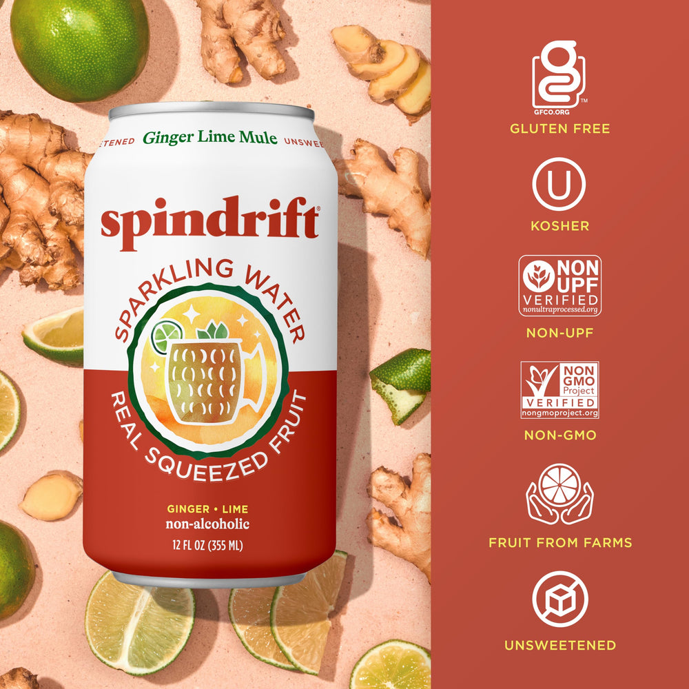 Spindrift Ginger Lime Mule pack of 24 cans stacked for convenient entertaining