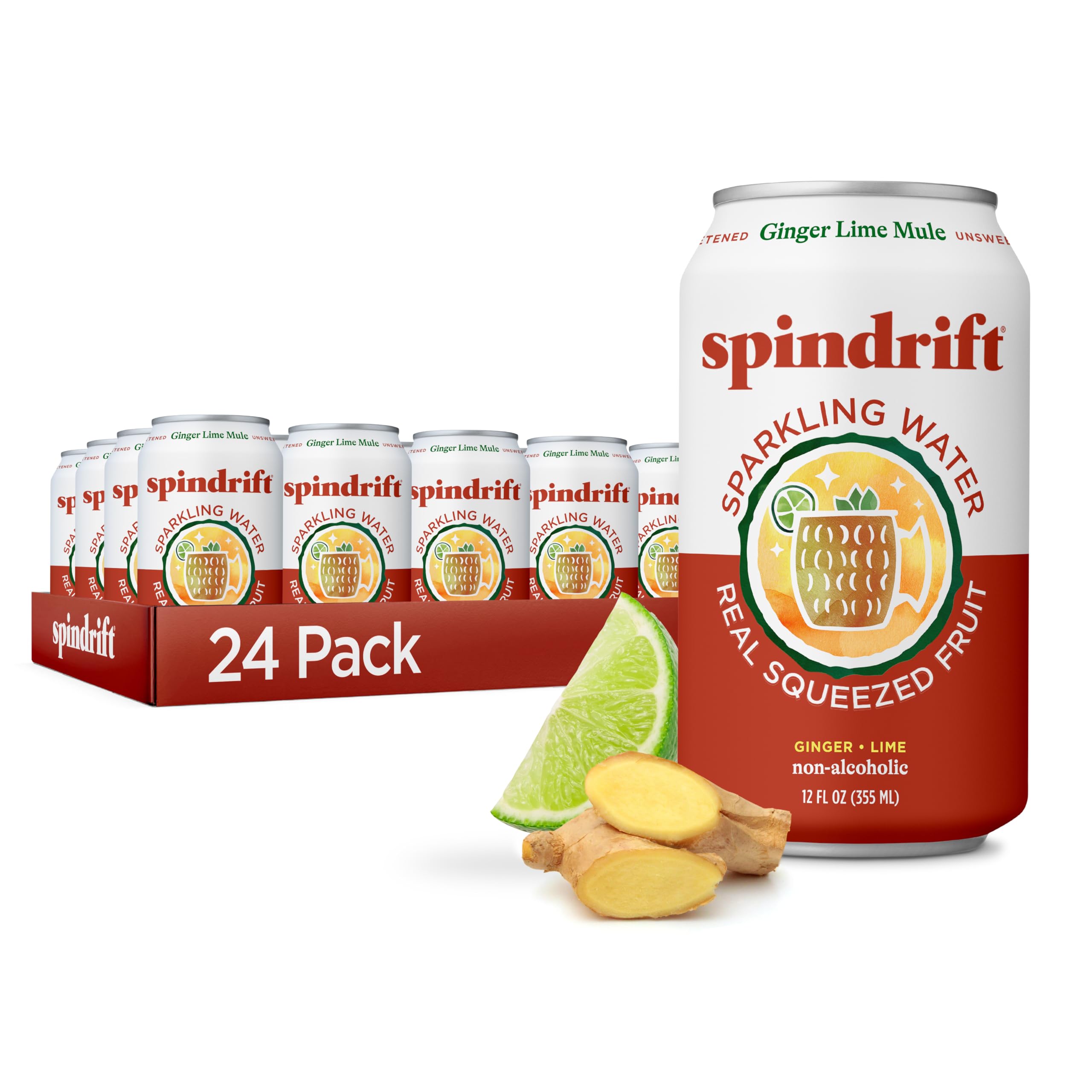 Spindrift Ginger Lime Mule front can view shows bright label and refreshing benefit