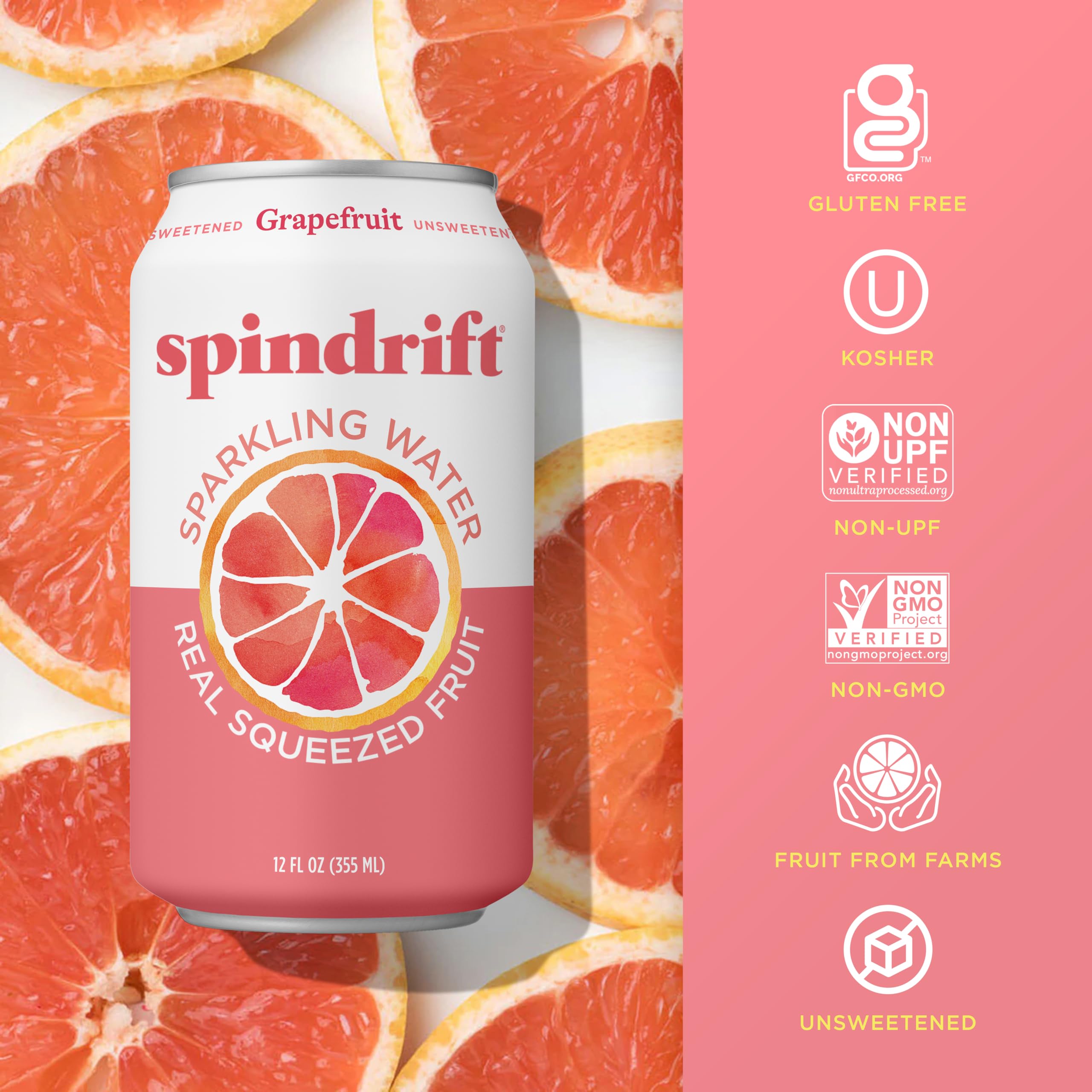 Spindrift grapefruit can on ice conveying chilled refreshment and light carbonation