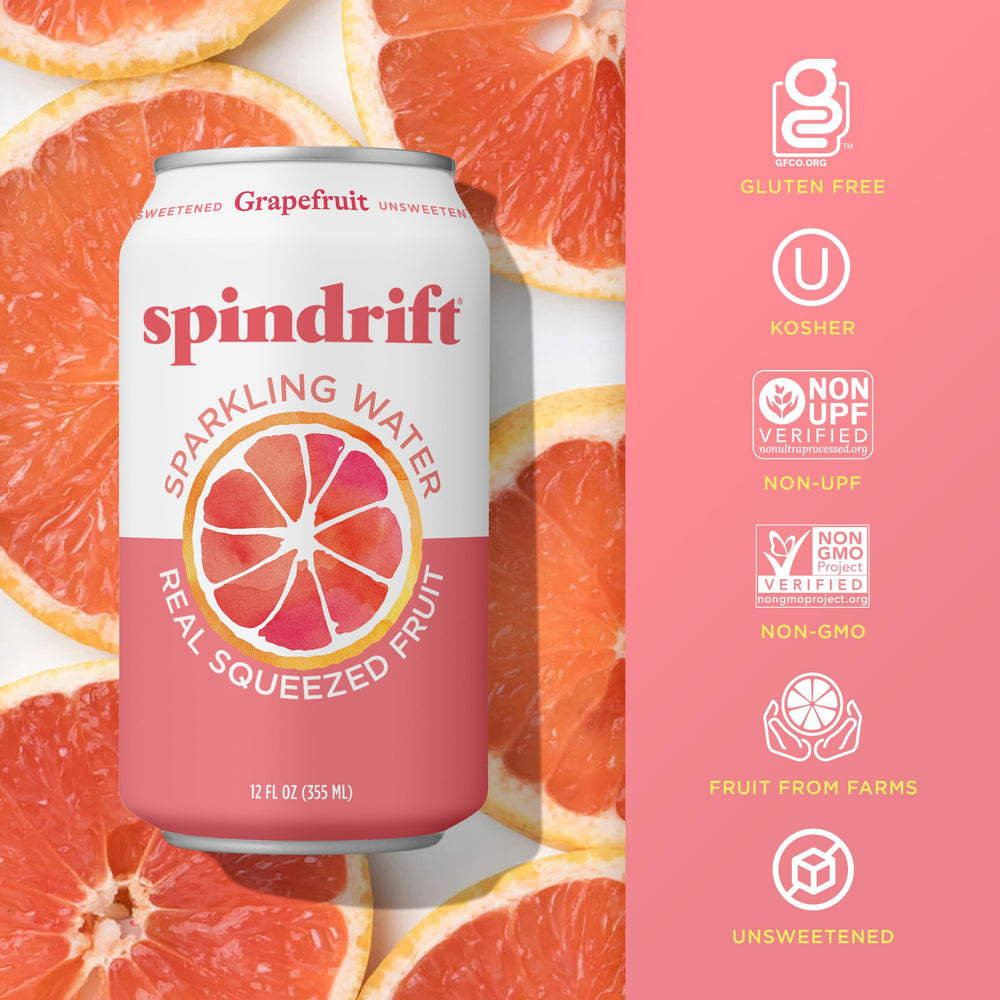 Spindrift grapefruit can on ice conveying chilled refreshment and light carbonation