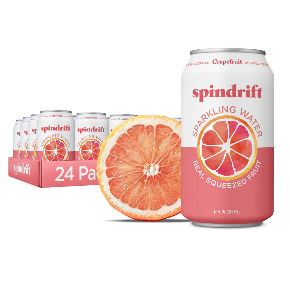 Spindrift grapefruit front of can showing brand and flavor, refreshing real-fruit taste
