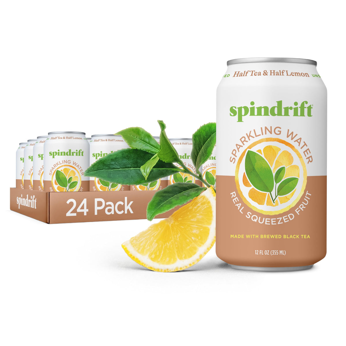 Spindrift can front view showing Half Tea & Half Lemon branding and refreshing look