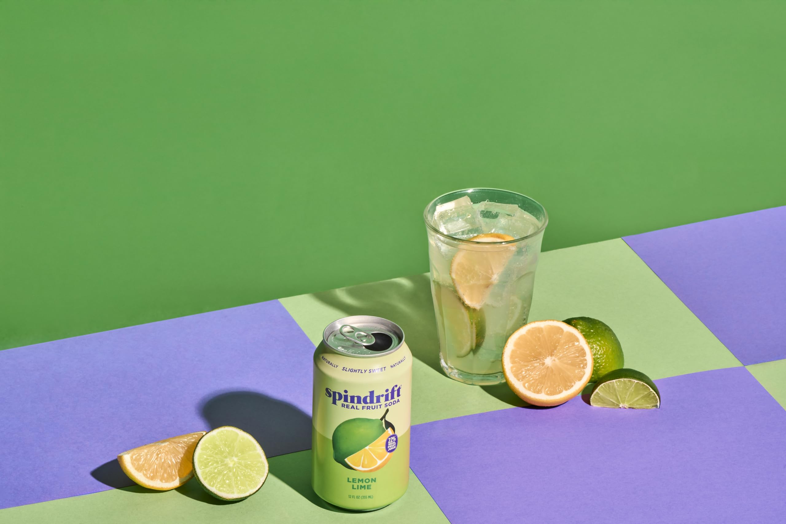 Spindrift lemon lime 12-pack box label highlighting certifications and ingredient transparency