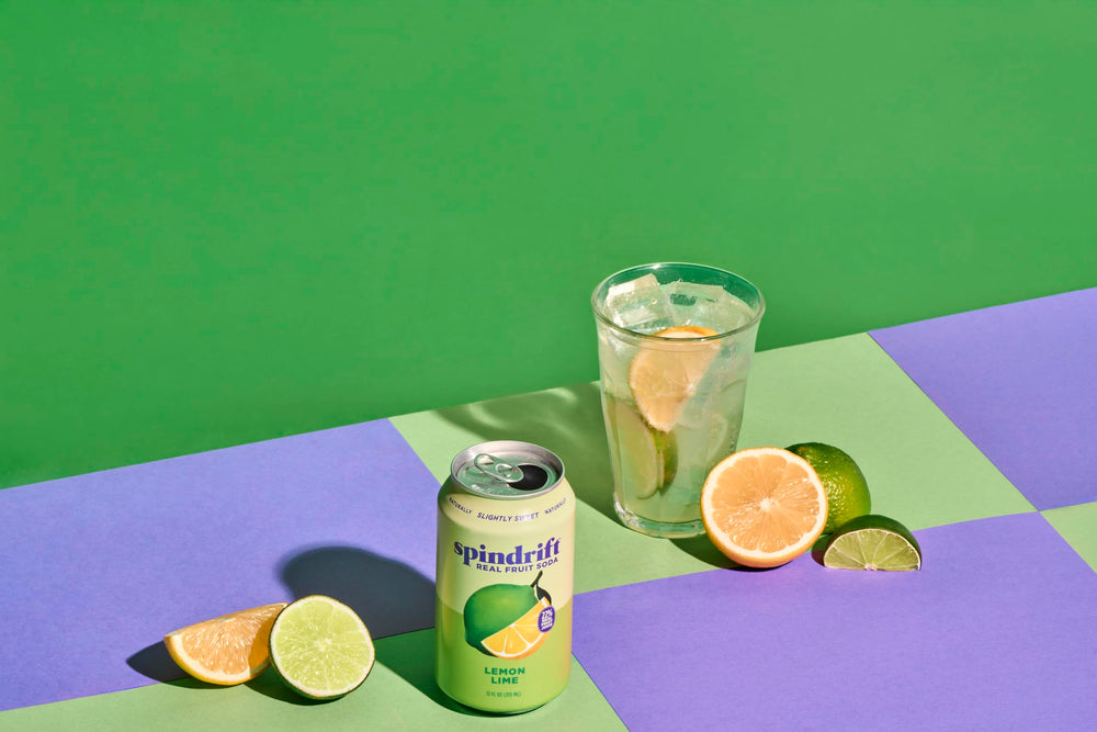 Spindrift lemon lime 12-pack box label highlighting certifications and ingredient transparency