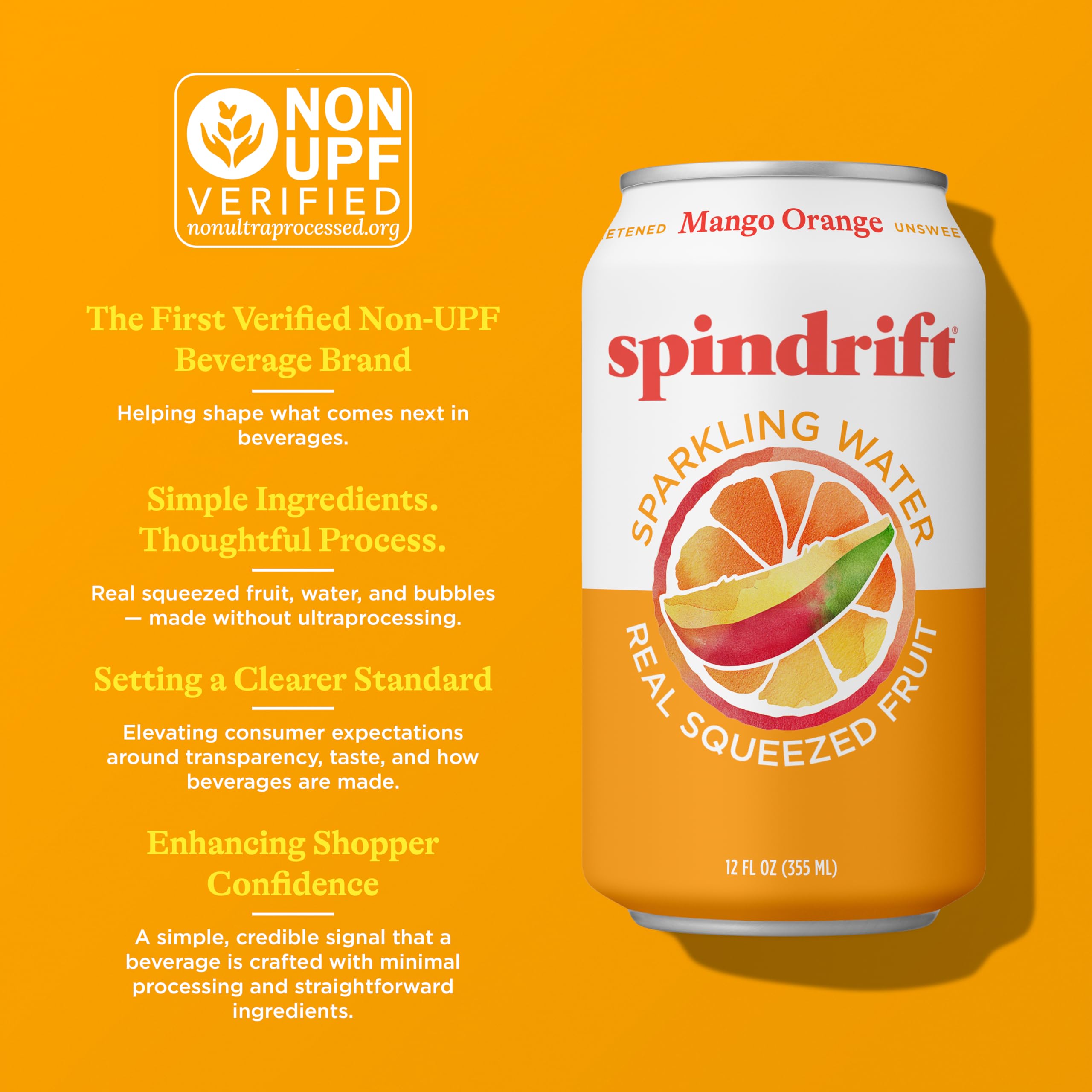 Hand holding Spindrift Mango Orange can for scale to show portable low-calorie option