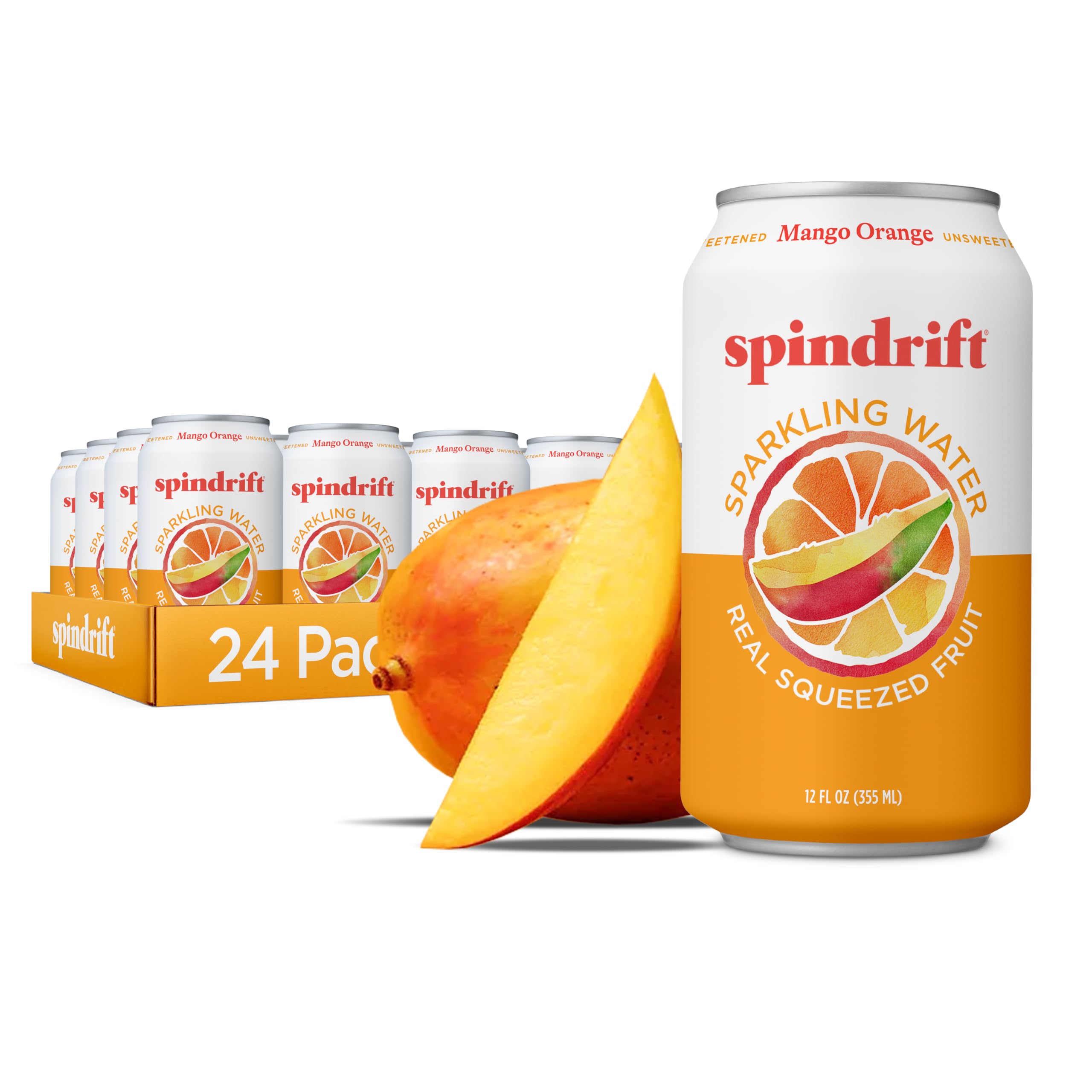 Spindrift Mango Orange front can showing bright label and refreshing look