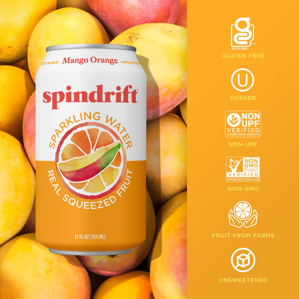 Alphonso mango and fresh orange next to Spindrift can showing real fruit sourcing
