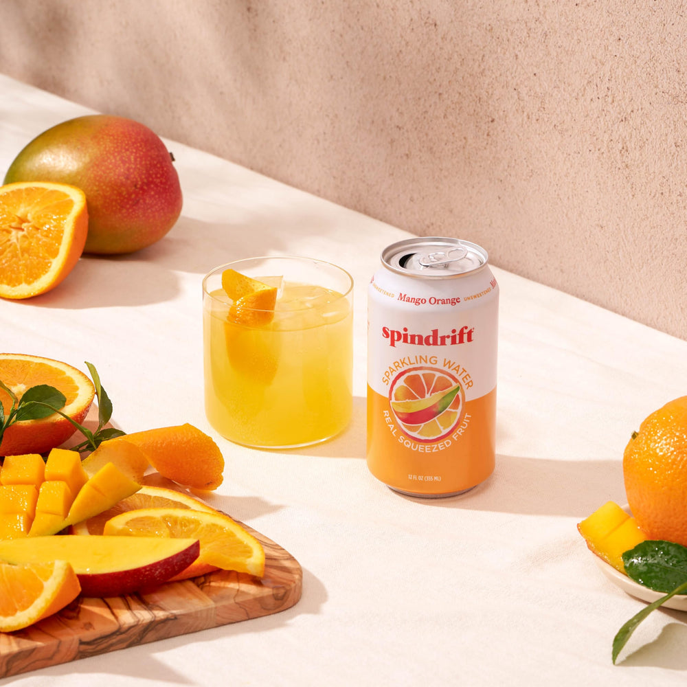 Six-pack of Spindrift Mango Orange packaging for convenient entertaining and storage
