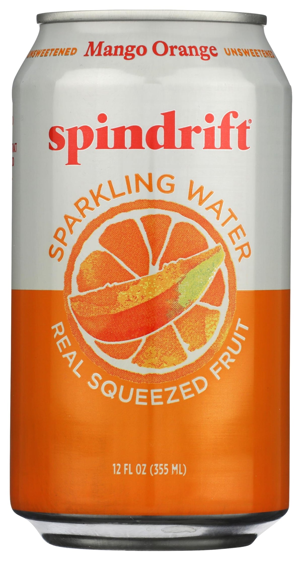Spindrift front can showing orange mango label and bright fruit benefit