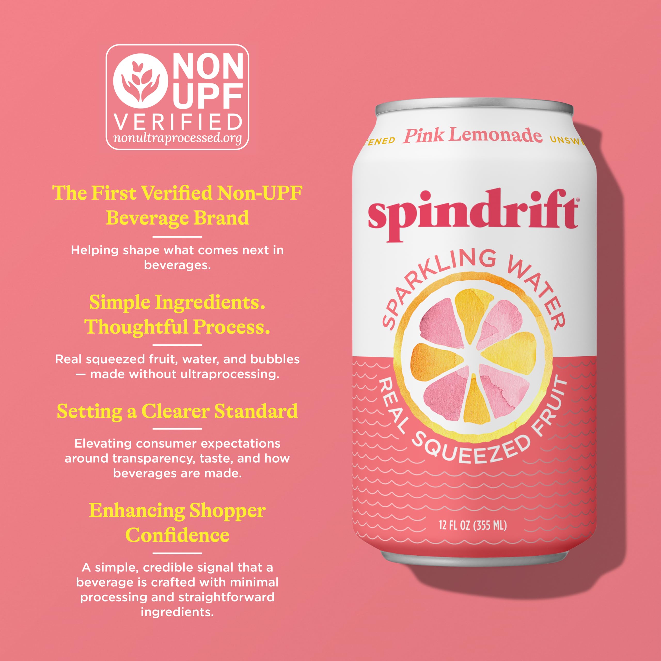 Spindrift pink lemonade can next to water bottle for size comparison and portability