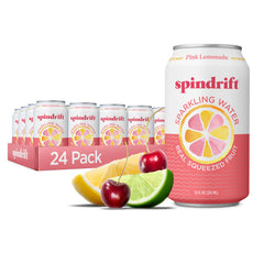 Spindrift pink lemonade front packaging showing cans and brand freshness