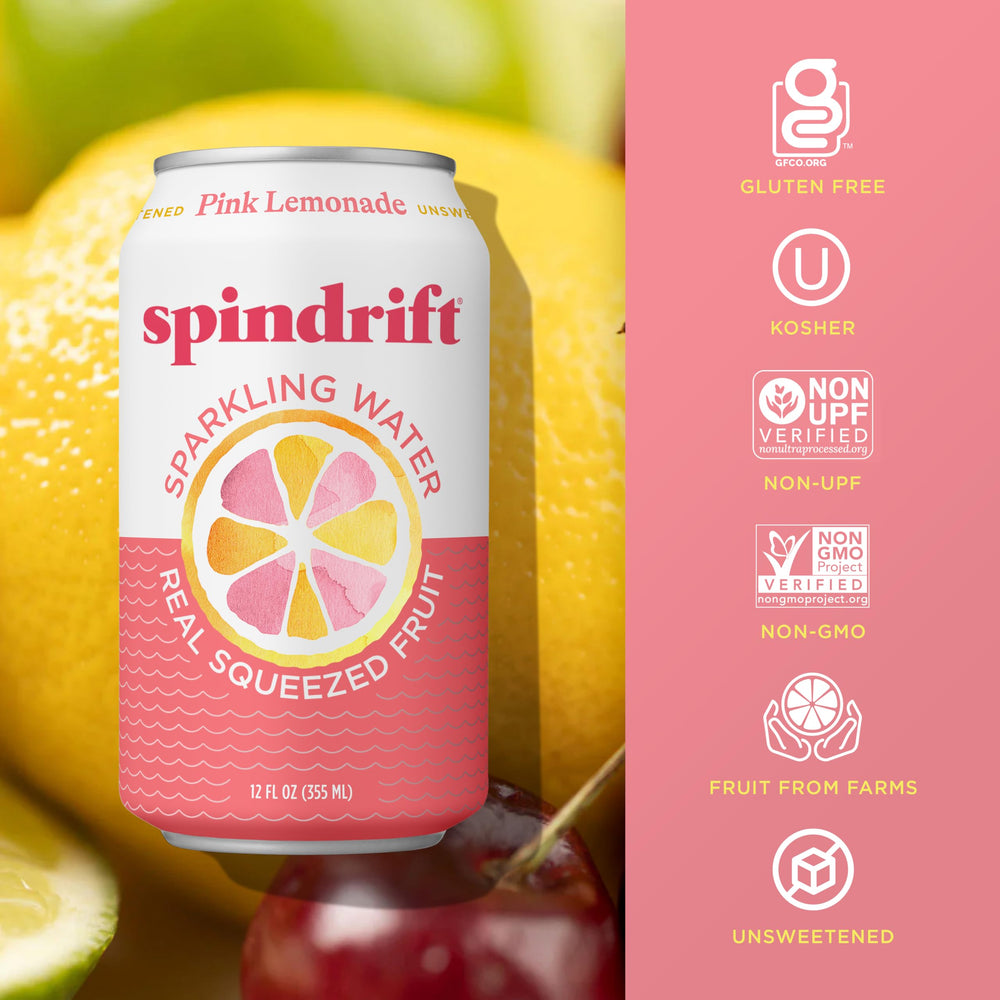 Spindrift pink lemonade close texture showing real fruit juice droplets and natural flavor