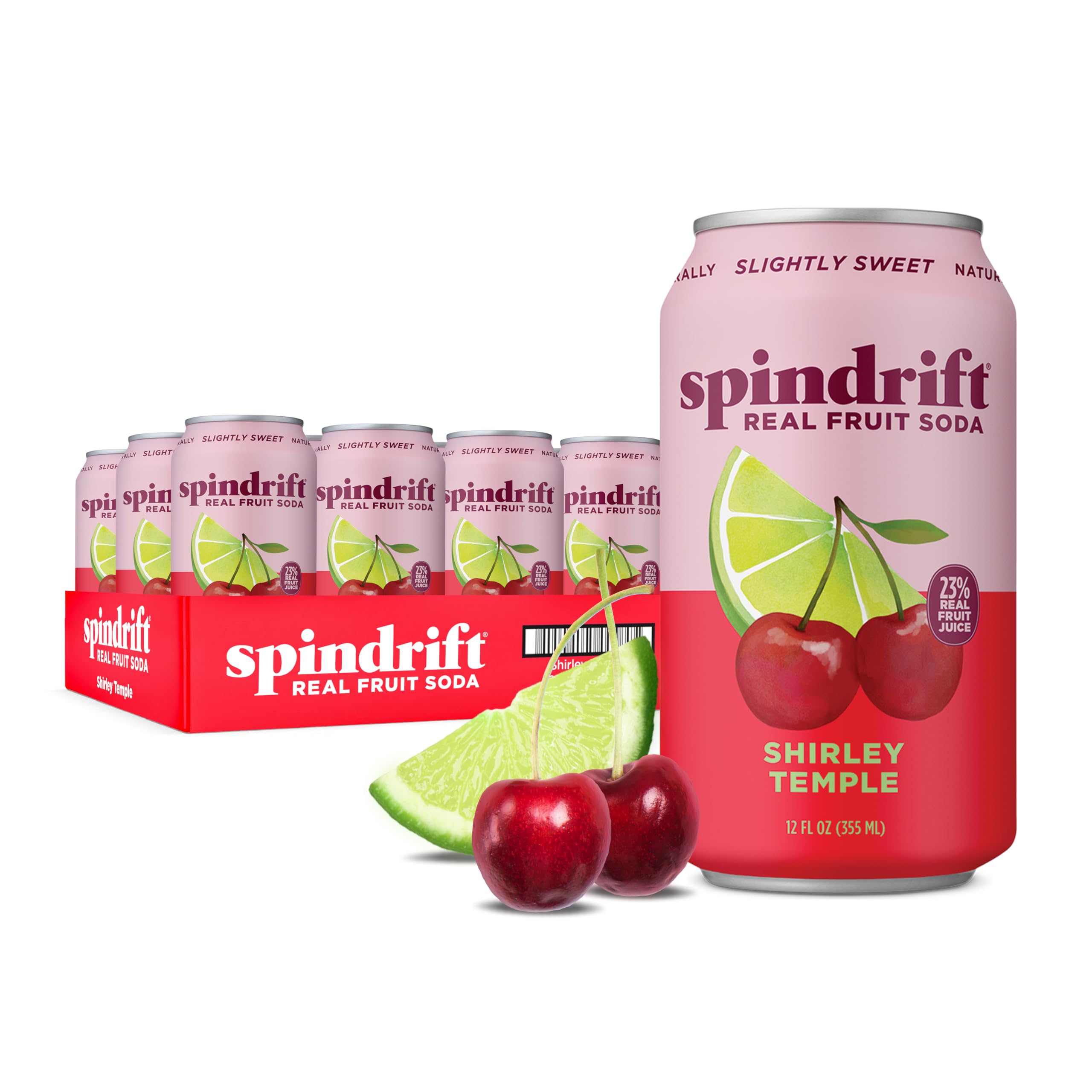 Spindrift Shirley Temple front packaging shows 12-pack, brand and clear label, easy grab