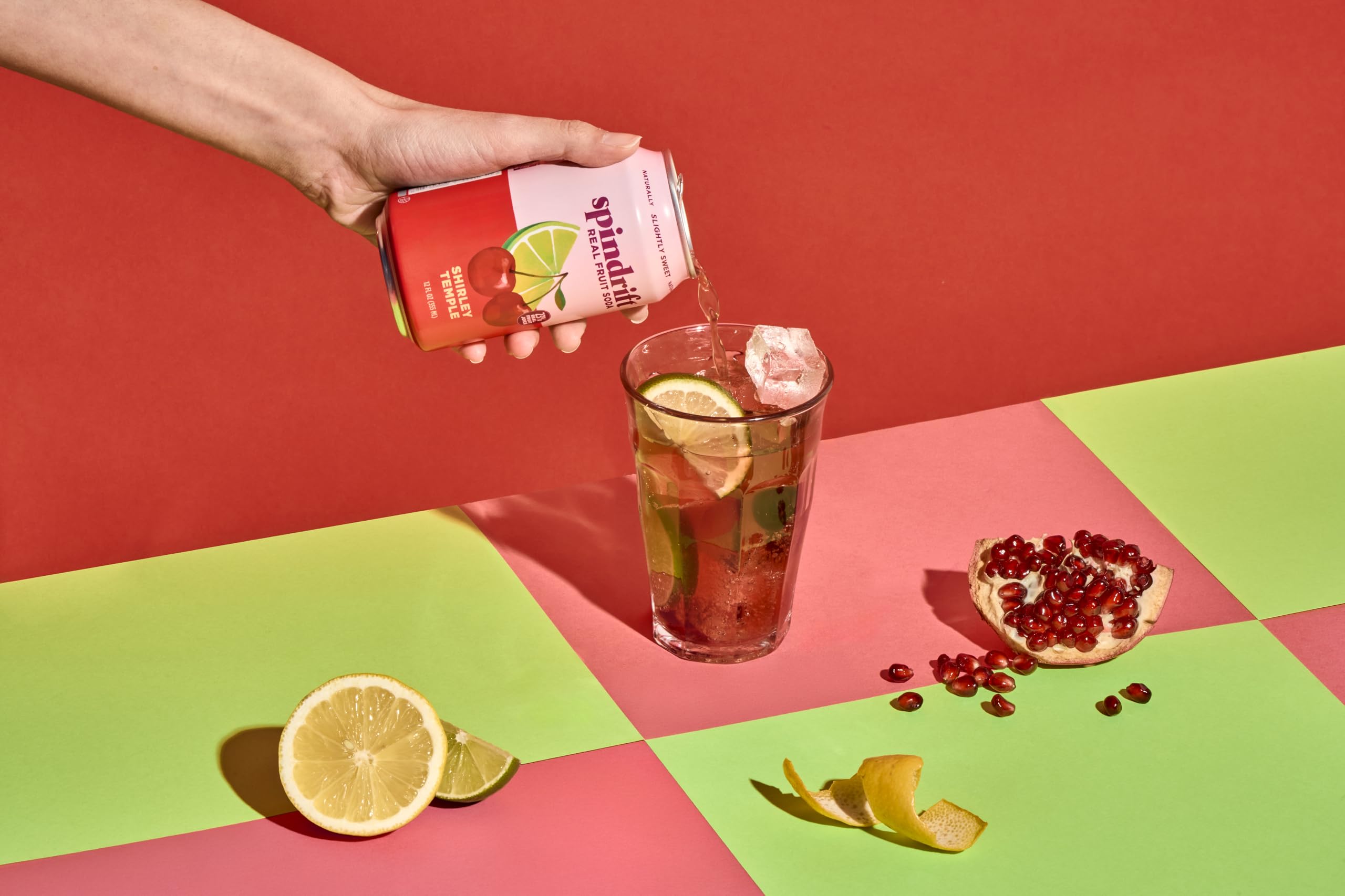 Spindrift Shirley Temple cans in a fridge for scale, brand convenience and portability