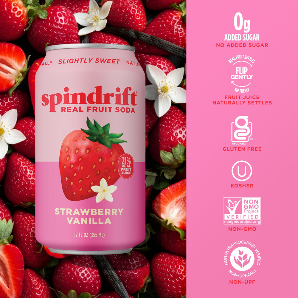 Spindrift ingredient shot with strawberries and vanilla showing real-squeezed fruit benefit