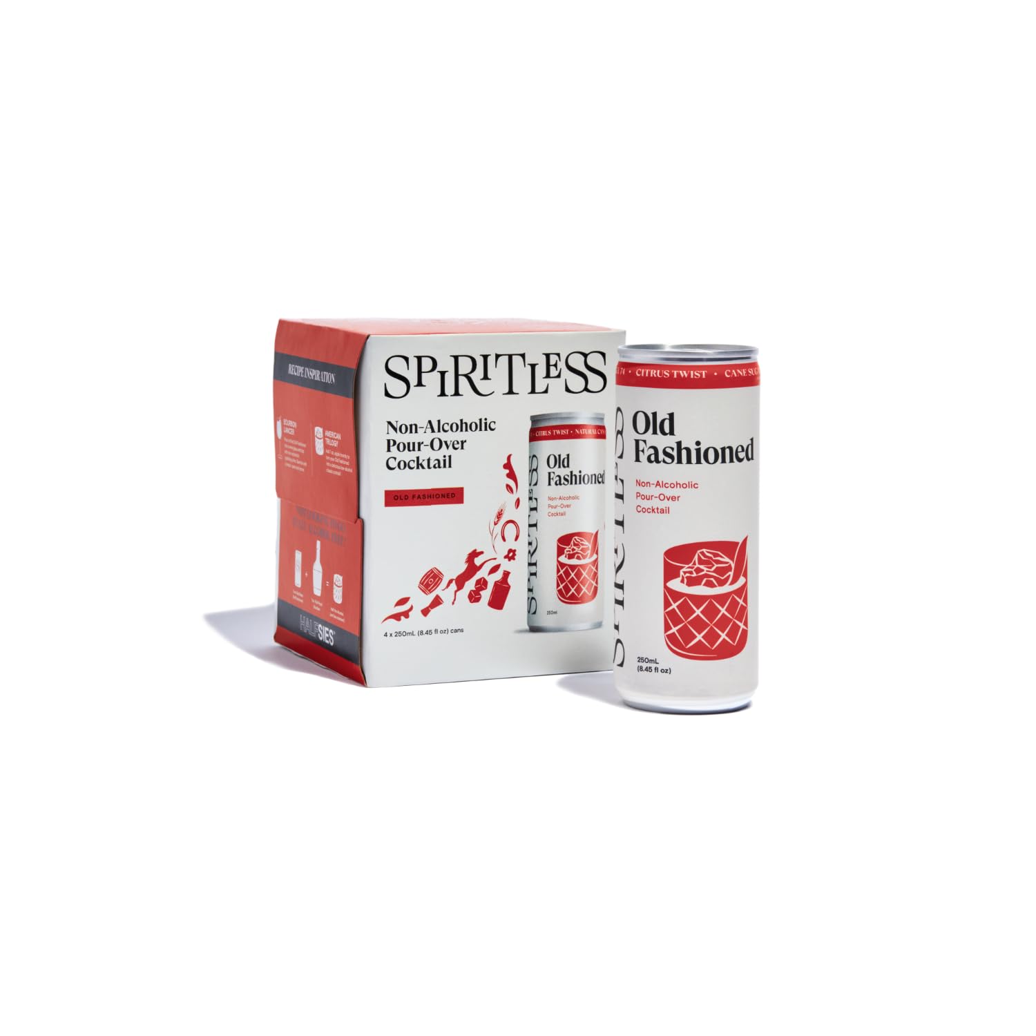Spiritless front packaging showing four cans and ready-to-drink convenience