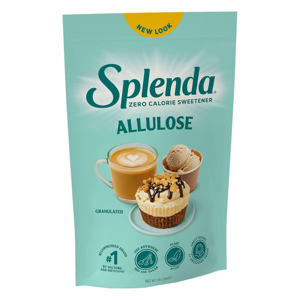 SPLENDA pouch next to scale showing 3-pound supply convenience benefit