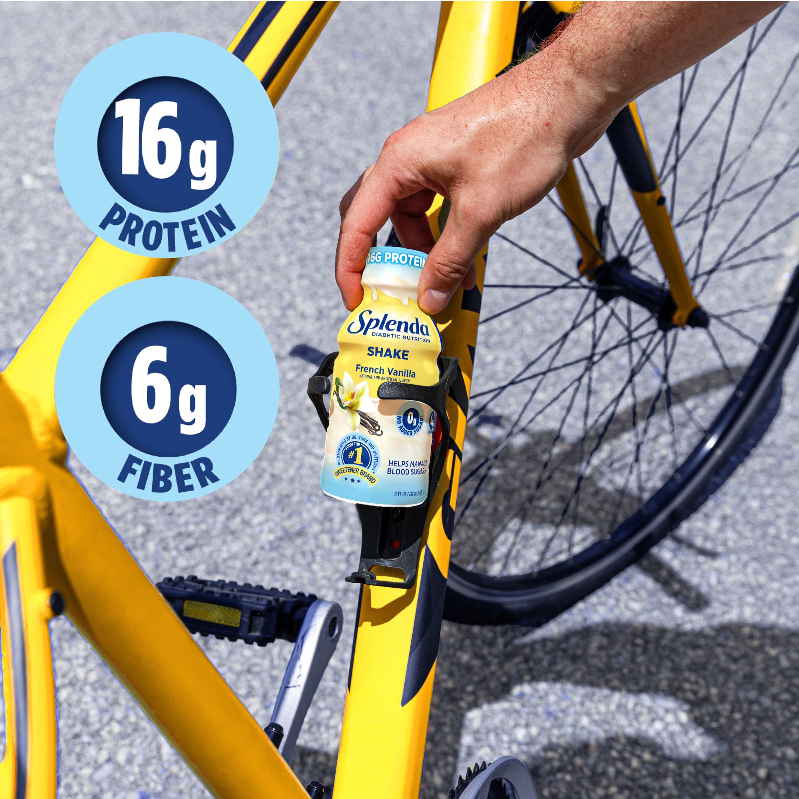 Close-up of SPLENDA French Vanilla bottle label highlighting protein and no added sugar benefits