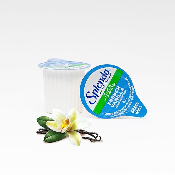SPLENDA pouring French vanilla creamer into coffee for rich flavor