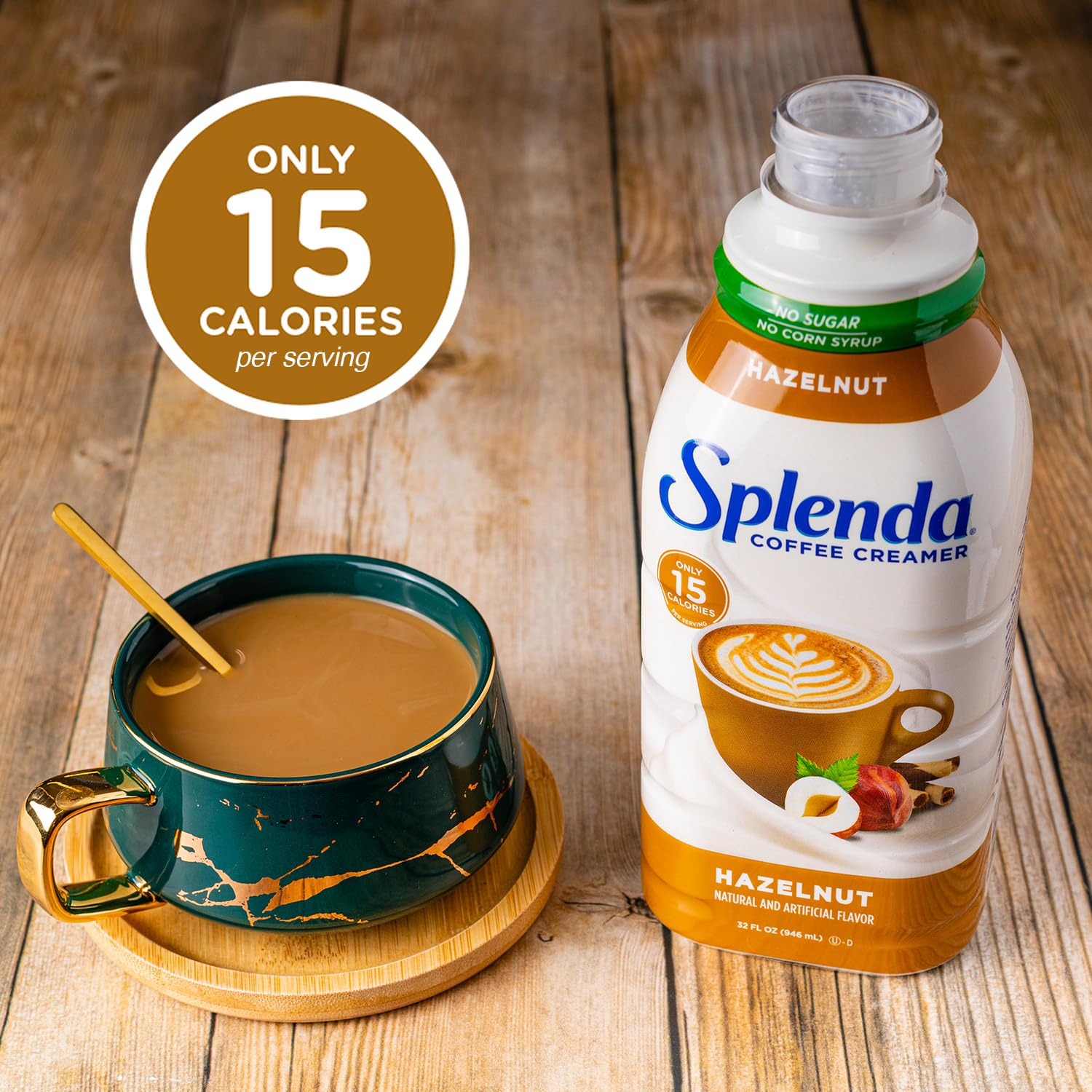 Cup of coffee with SPLENDA creamer in bright kitchen, demonstrating flavor boost