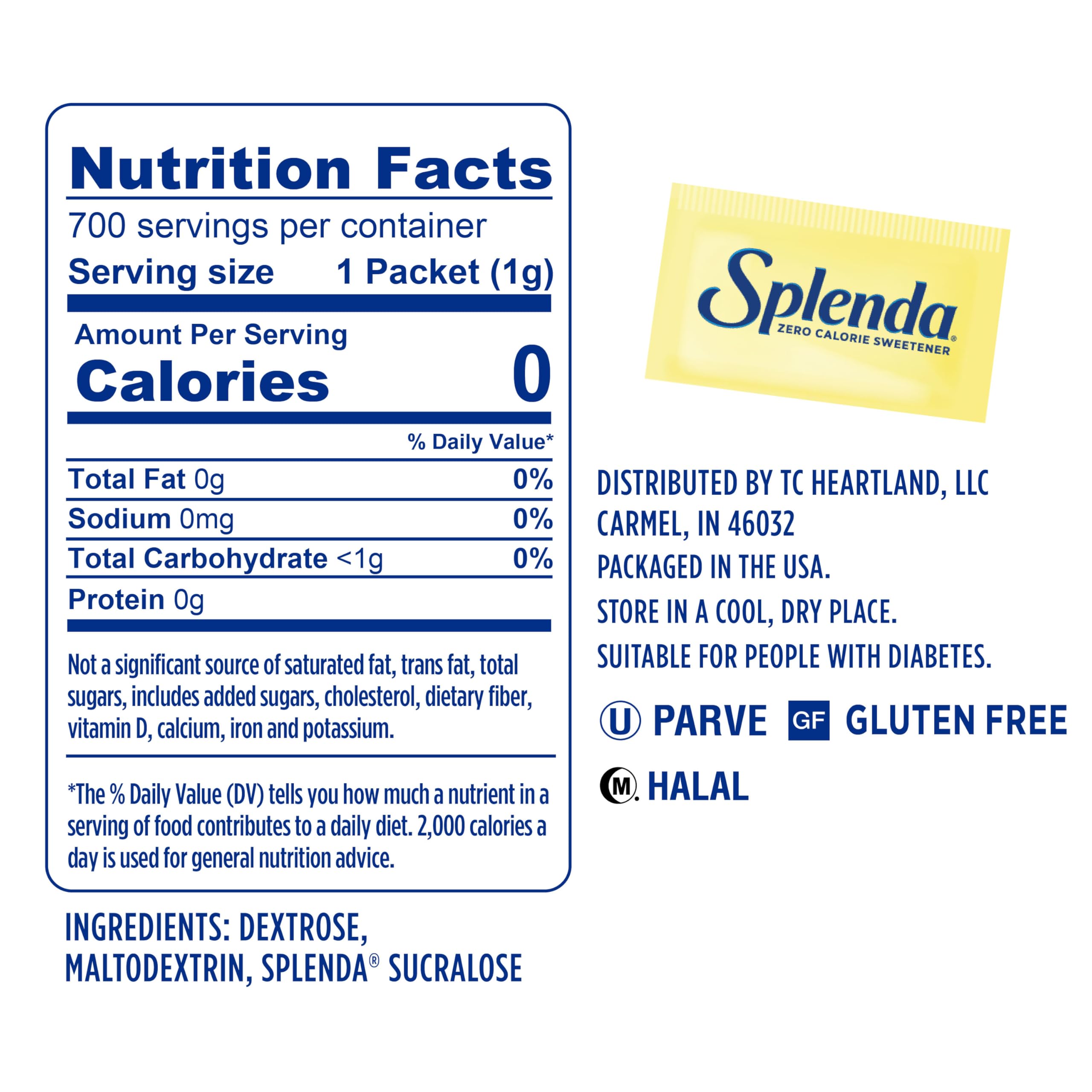 SPLENDA packet being poured into coffee for sugar-free sweetness