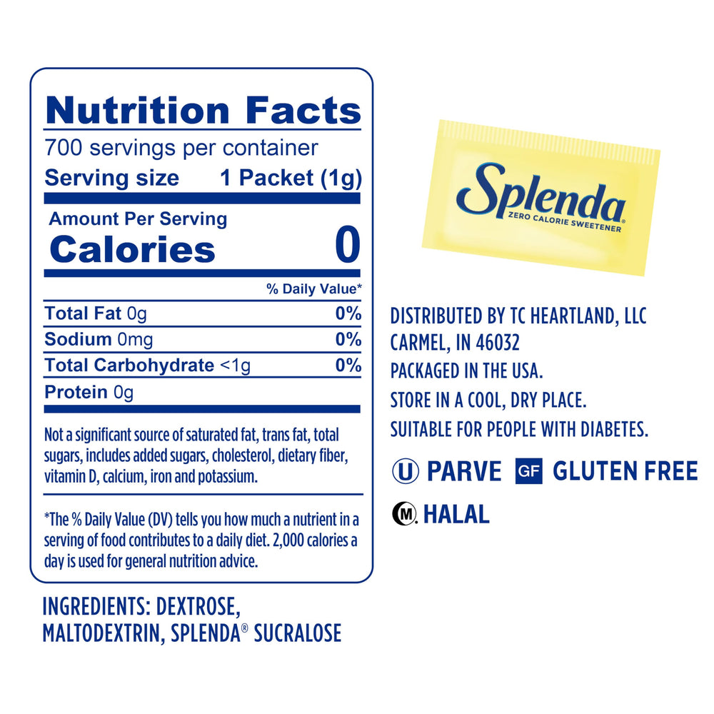 SPLENDA packet being poured into coffee for sugar-free sweetness