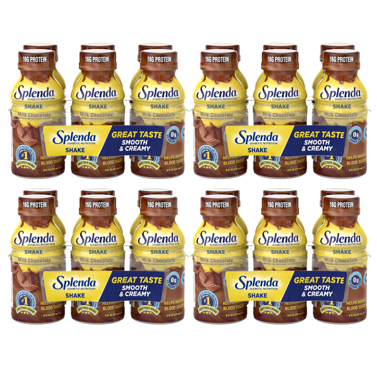 SPLENDA front packaging showing milk chocolate shake and benefits