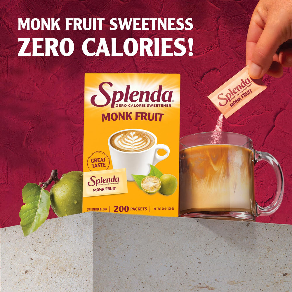 SPLENDA being poured into coffee for quick no-calorie sweetness