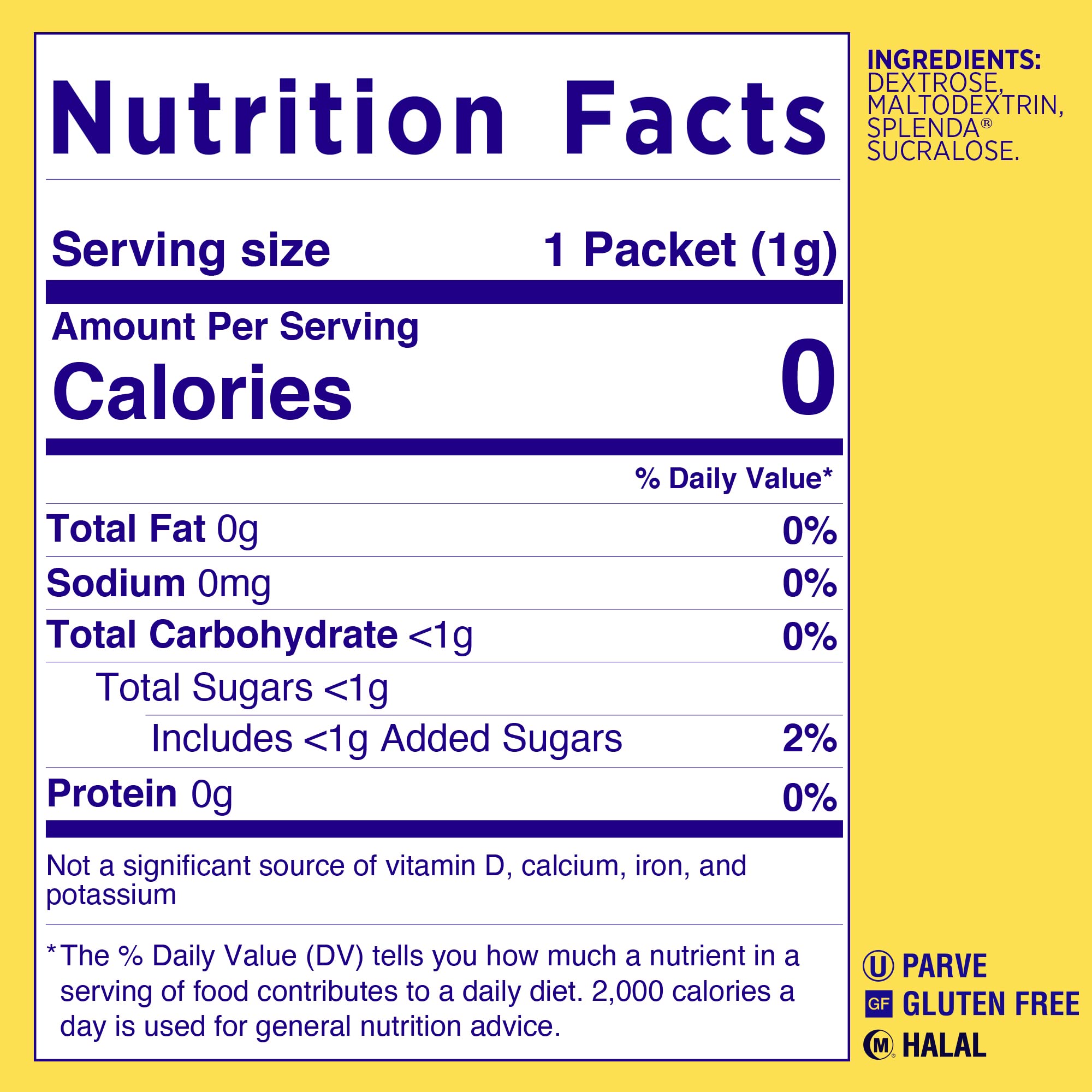SPLENDA packet close-up with granules, clear texture and consistent sweetness
