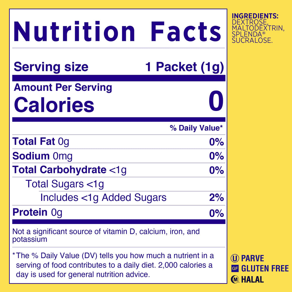 SPLENDA packet close-up with granules, clear texture and consistent sweetness