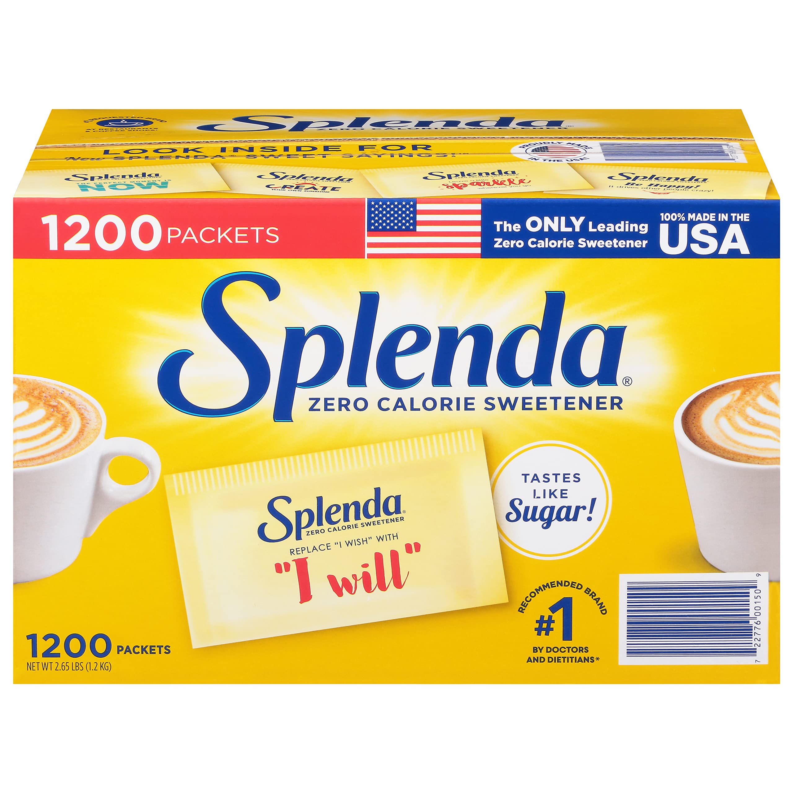 SPLENDA front packaging showing bulk 1200-count, convenient portioning