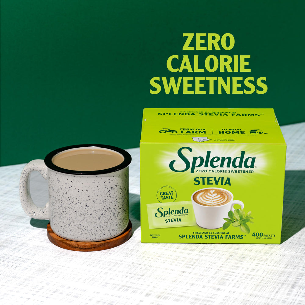 SPLENDA packets beside coffee cup dissolving quickly for consistent sweetness
