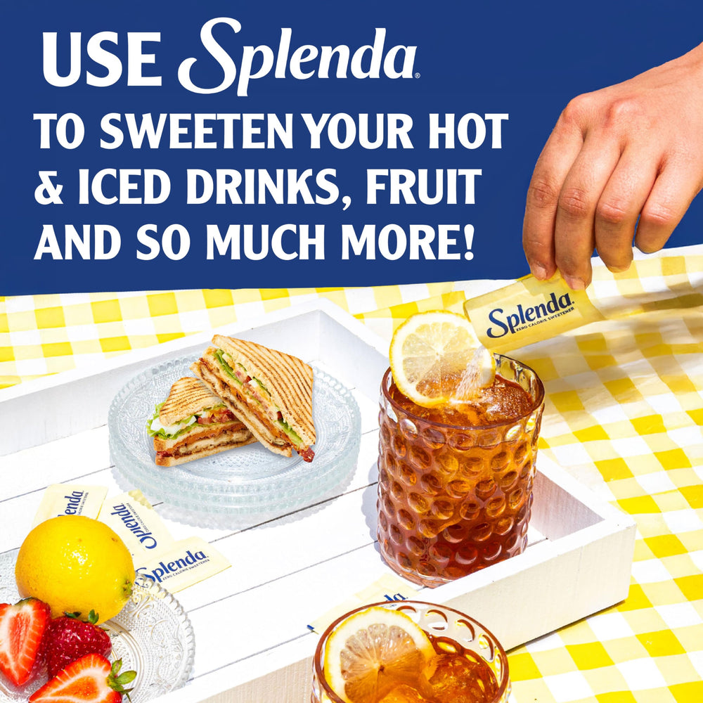 SPLENDA packet beside teaspoon to show two-teaspoon sweetness equivalence