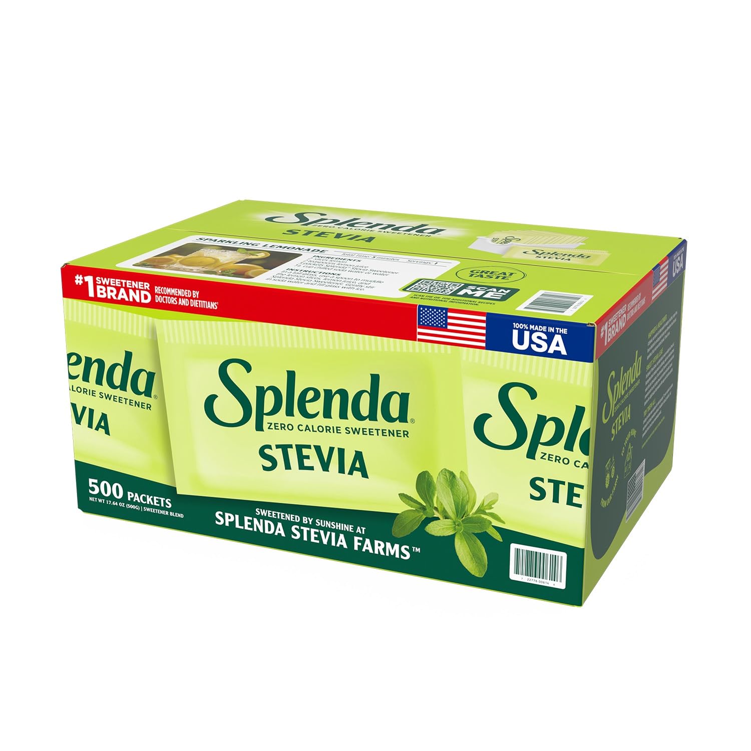 SPLENDA front box of stevia packets showing convenient portioning benefit