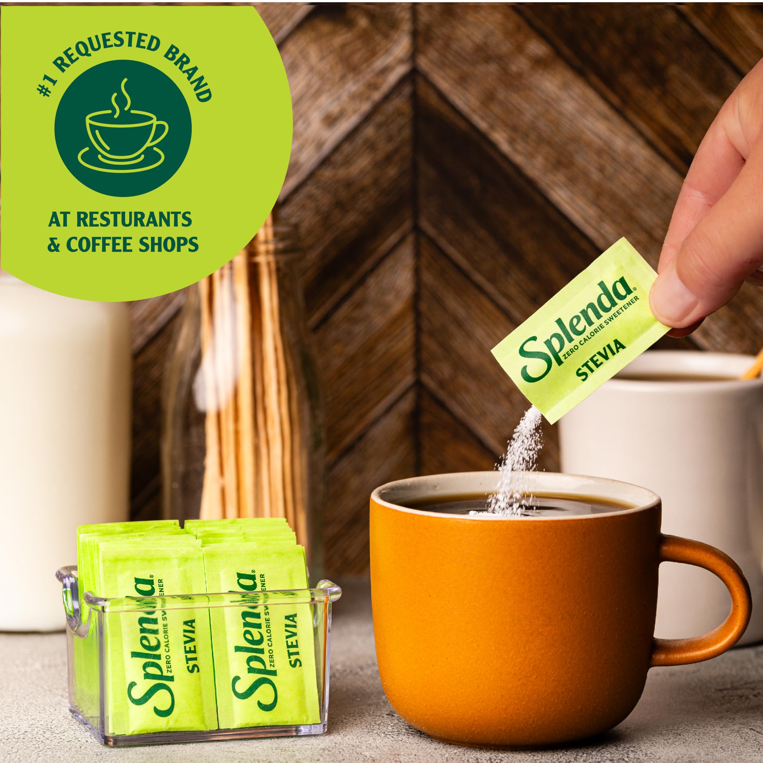 SPLENDA packet beside sugar spoon showing ease of substitution benefit